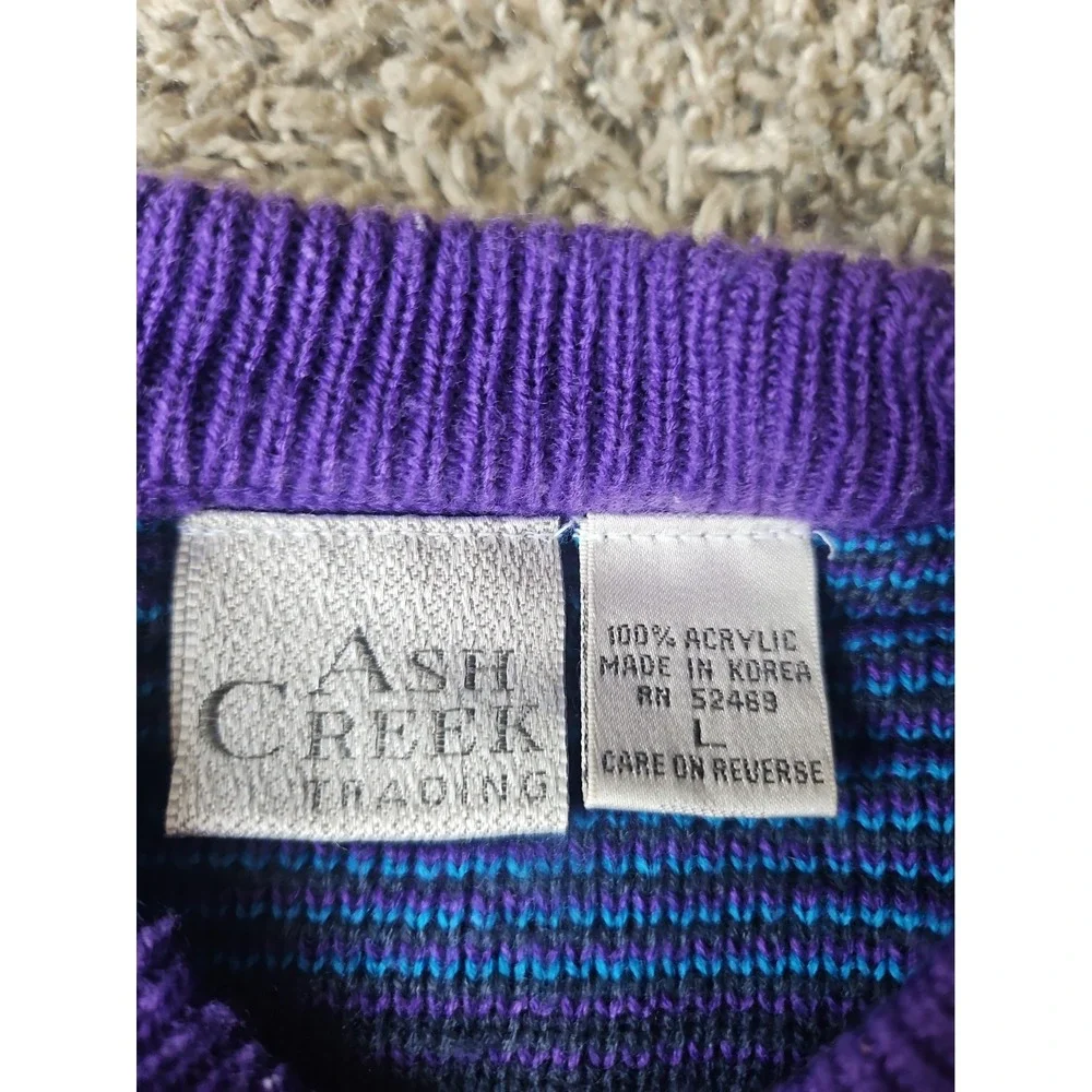 Vintage Ash Creek Trading Sweater Mens Large Grandpa Style 90s Purple Blue